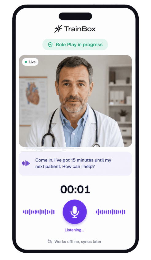 TrainBox AI role play in progress on a phone, with a realistic clinician avatar and live transcription