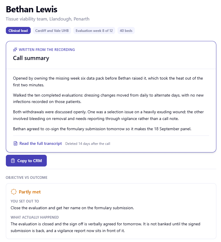 Call summary written from the recording, with objective versus outcome scoring and a copy to CRM action