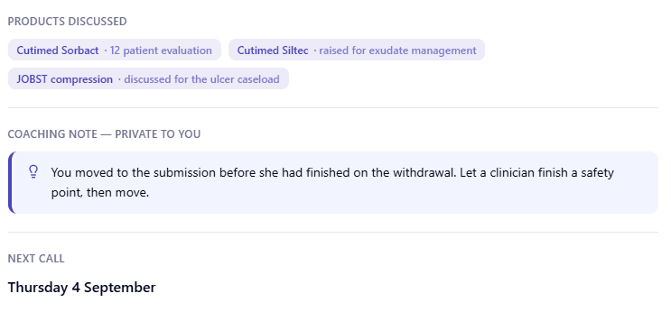 Products discussed and a private coaching note for the rep, with the next call date