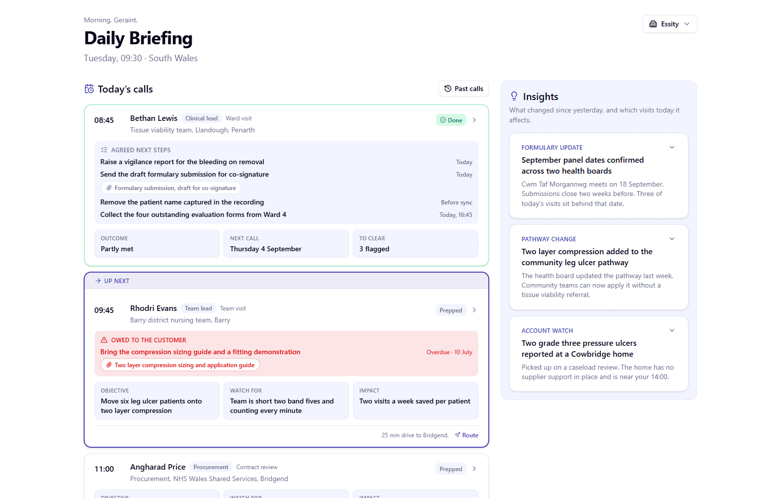 TrainBox Daily Briefing showing today's calls, agreed next steps and territory insights