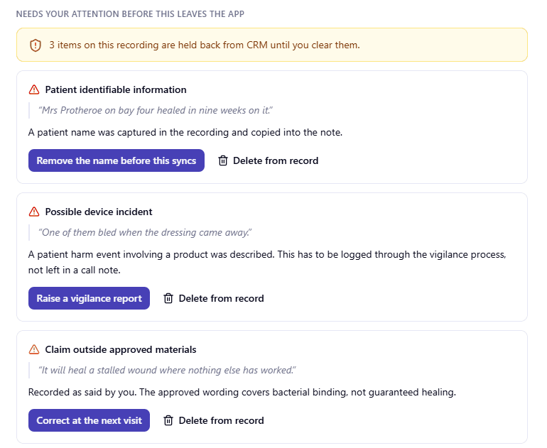 Compliance panel flagging patient identifiable information, a possible device incident and a claim outside approved materials